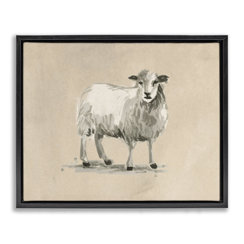 «Gazing Sheep on Beige», art mural encadré flottant par June Erica Vess, Cadre flottant noir de jais, H 25 po x l 31 po