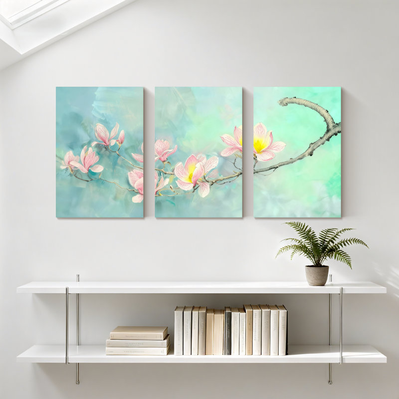Magnolia rose sur fond bleu pâle, ensemble de 3 impressions sur toile, H 30 po x l 60 po