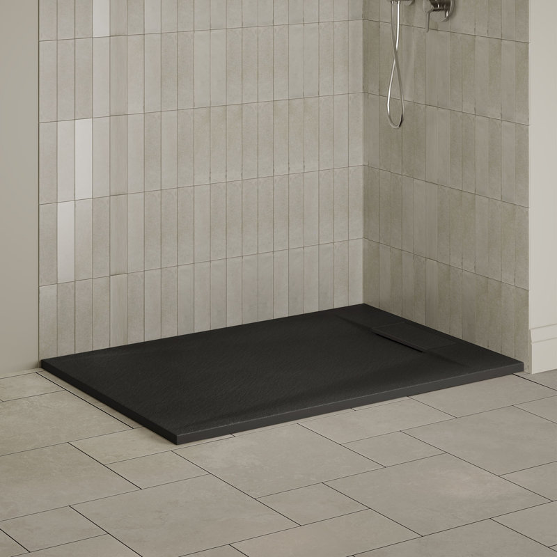 Receveur de douche rectangulaire extra-plat Lenora 122 cm x 81 cm avec bonde latérale dissimulée, noir uni, Black