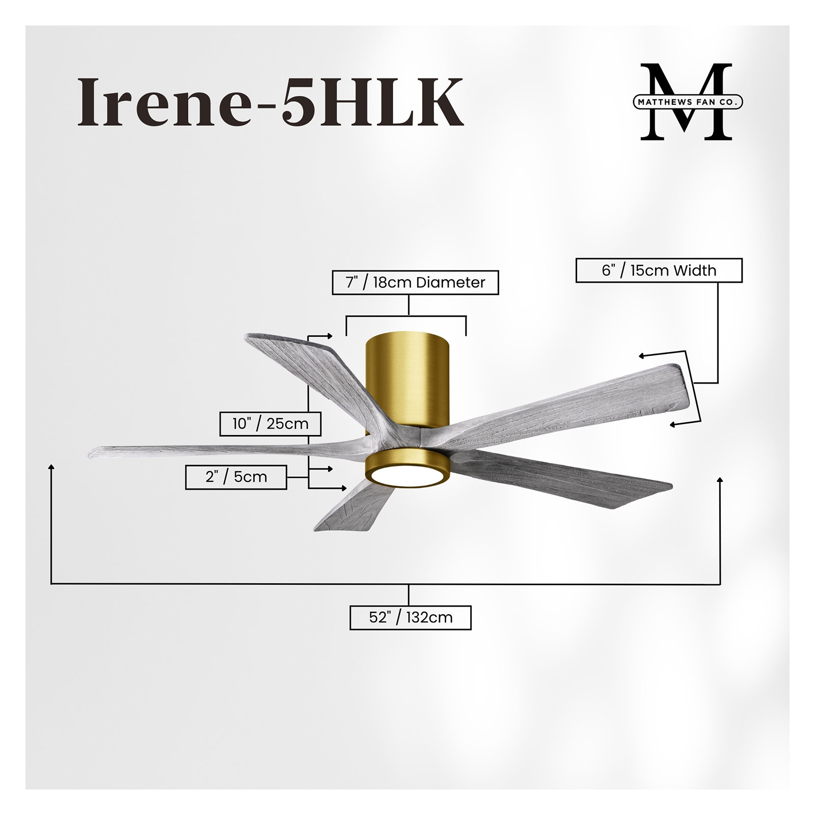 Irene 5 - Blade LED Ceiling Fan with Light Kit Included, Brushed Brass, Barn Wood Tone, 52"