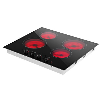 24-Inch Electric Cooktop with 4 Burners, 6000W, 220V, Ceramic Built-in Radiant Stove, Features 11 Power Settings, Overheat Protection, and Knob Controls for Versatile Cooking Needs