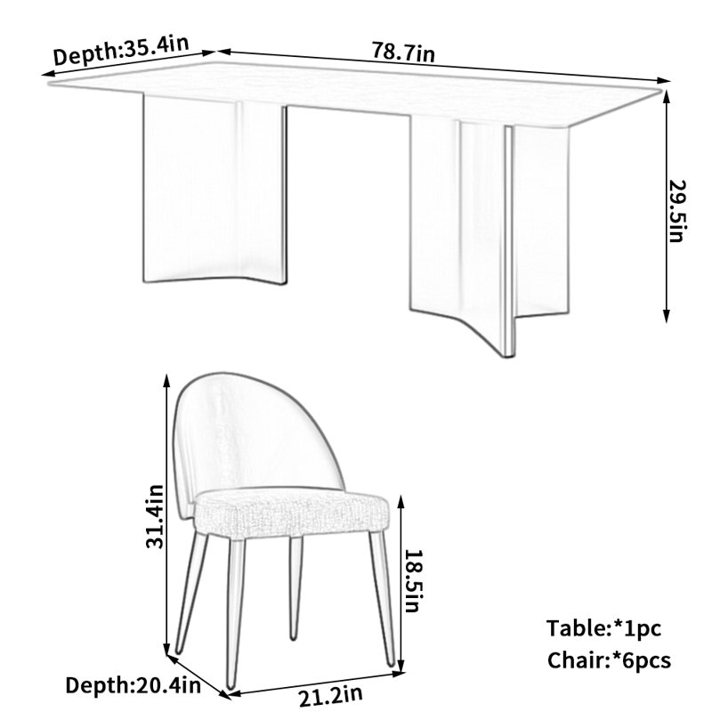Stainless Steel Rock Plate Dining Table Chair Set 6 - Person Double Pedestal Dining Set, 29.5"H x 78.7"L x 35.4"W