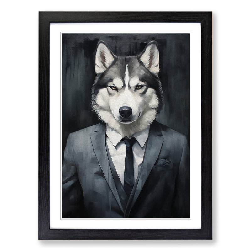 Husky In A Suit Painting - Single Picture Frame Print on Wood, 46cm H x 34cm W x 2cm D, Black Framed
