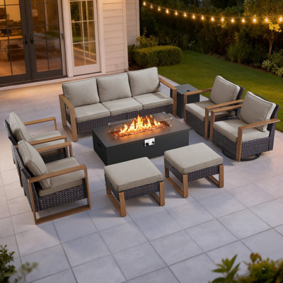 Ensemble de mobilier de patio pour 9 personnes avec table de foyer, ensemble de conversation en osier toutes saisons avec chaise et coussins épais Drazen