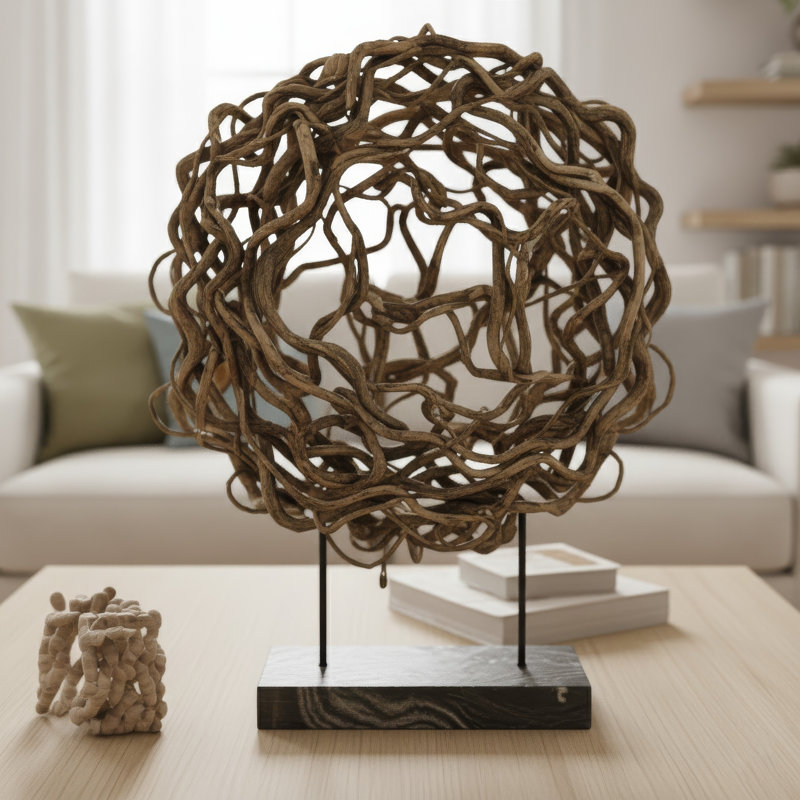 Sculpture décorative de table, rotin brun entrelacé, rond 20 pouces