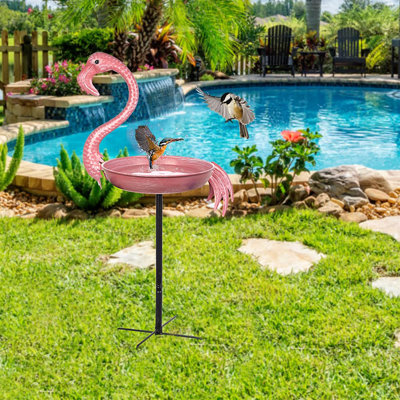 Outdoor Pink Flamingo Metal Bird Bath