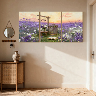 Assortiment de bouquets de fleurs, champ de lavande, ensemble de 3 livres sur toile