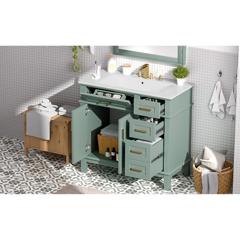 Meuble-lavabo moderne vert clair avec lavabo, bois massif et panneau de fibres à densité moyenne, parfait pour les salles de bain