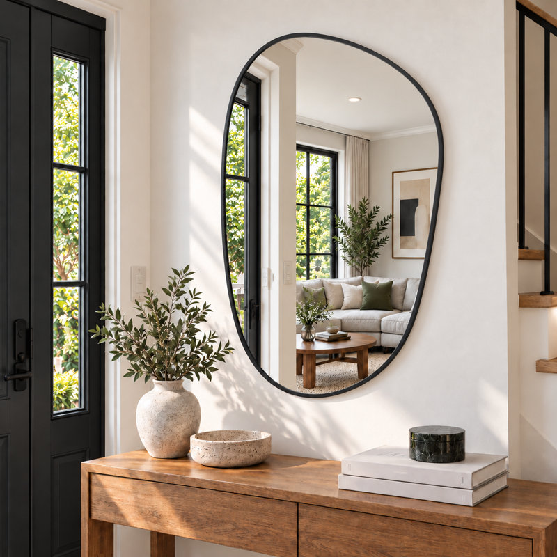 Miroir mural asymétrique à cadre métallique et verre trempé pour salle de bain