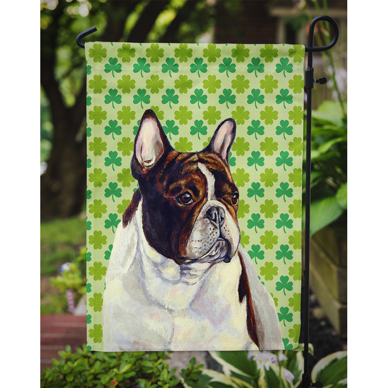 Drapeau de jardin à 2 côtés st. patrick day trèfle, Bouledogue français (brun et blanc)