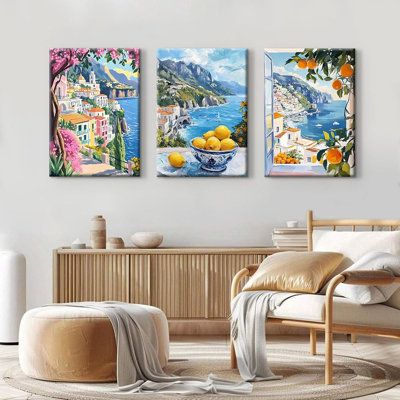 Italie, côte d'Amalfi, art mural, affiche, voyage italien, toile, paysage, Italie, plage, paysage, photos, rétro, côte d'Amalfi, peinture pour chambre à coucher, salon, 16 x 24 pouces, prêt à être accroché, ensemble de 3