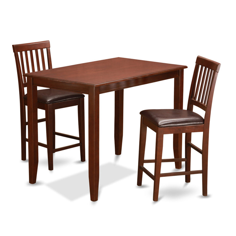 3 Piece Kitchen Counter Height Dining Table Set Contains a Rectangle Dining Room Table and 2 Faux Leather Chairs, Mahogany