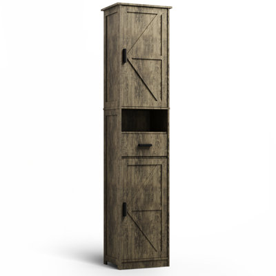 Armoire de 69 po de hauteur avec 2 portes de grange et 1 tiroir, gris, tablettes réglables, rangement polyvalent pour la salle de bain, le salon, le vestibule, salle de bain intérieure spacieuse et grise