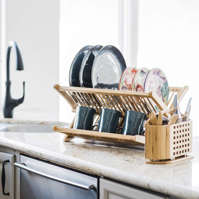 Eco-Friendly Collapsible Bamboo Dish Drying Rack With Multi-Tier Design For Plates Bowls Cups And Cookware