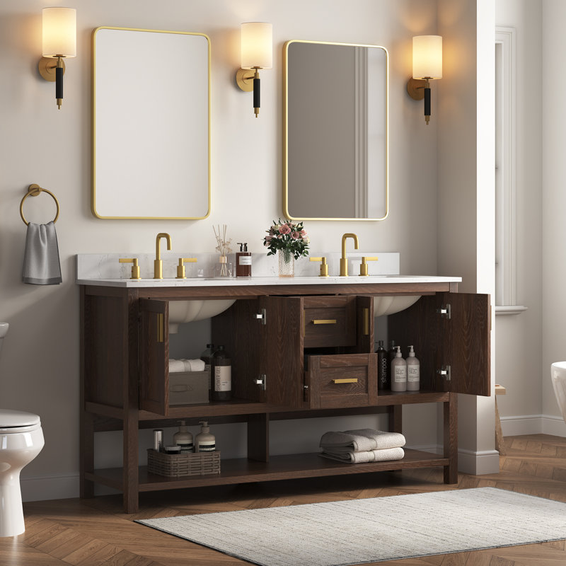 Meuble-lavabo autoportant en noyer de 60 po avec double lavabo et plateau en pierre artificielle Aastha, 60"