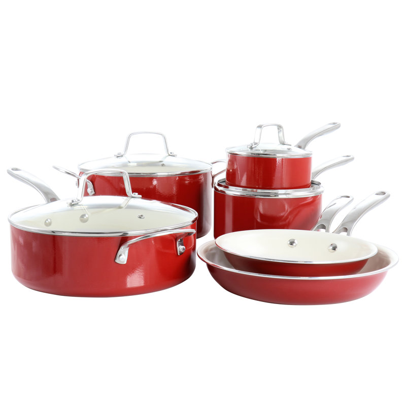 Red 10-Piece Aluminum Ceramic Nonstick Cookware Set
