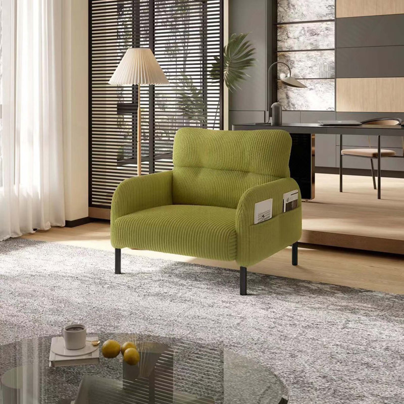 Fauteuil d'appoint confortable en velours côtelé avec structure en bois massif et poches latérales, Velours côtelé vert olive