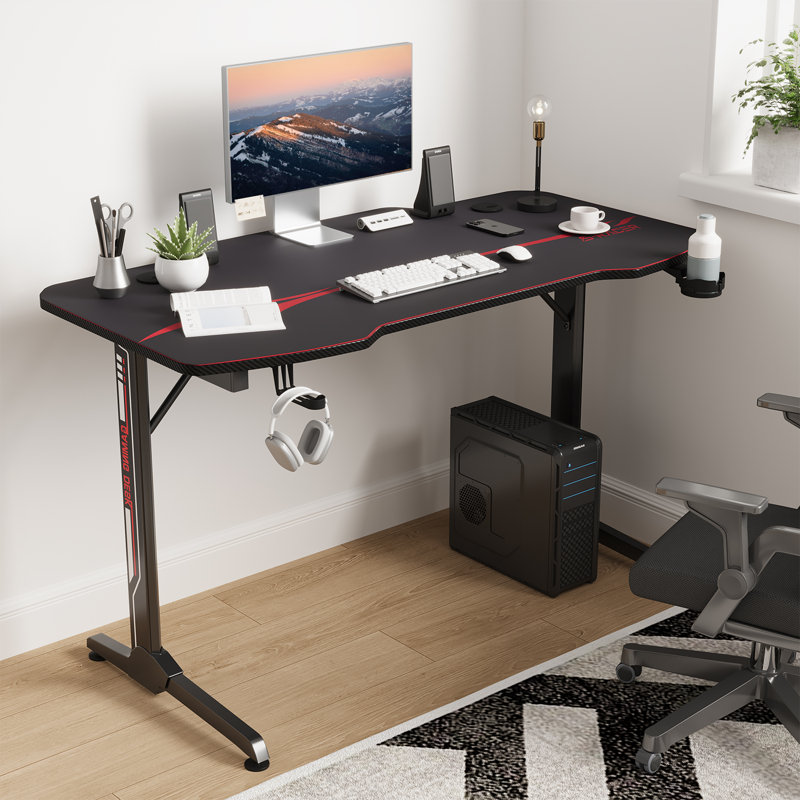 Metal Frame Computer Desk PC Gaming Desk With Cable Tray And Headphone Hook, 73.66cm H x 139.7cm W x 62.48cm D, Black