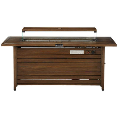 Table de foyer au propane de 145 cm (57 po), 50 000 BTU, rectangulaire avec couvercle et pare-vent, jaune-brun. Transformez votre jardin, terrasse, patio ou camping en un endroit merveilleux pour vos fêtes en plein air.