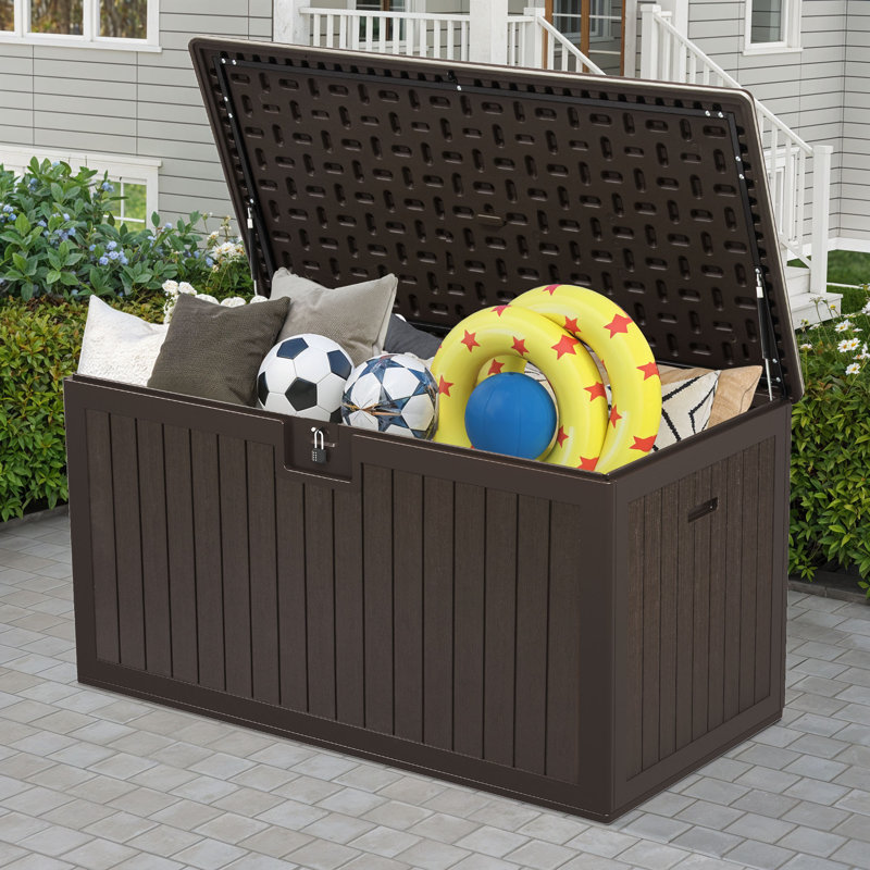 Edrosie Inc 150 Gallons Water Resistant Resin Lockable Deck Box, 150, Brown