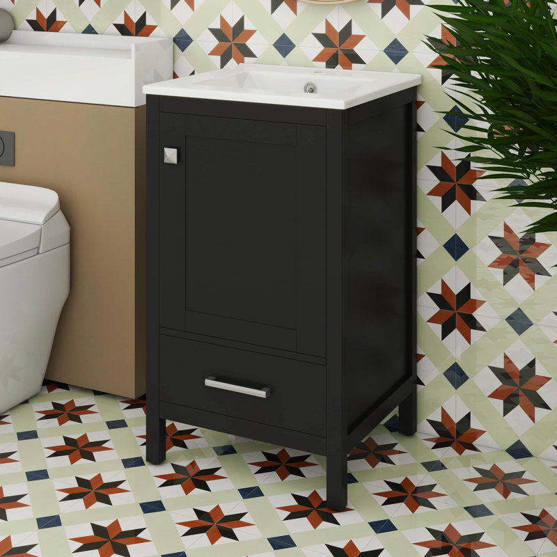 Armoire de rangement en bois 18 po avec lavabo en céramique, ensemble de meuble-lavabo simple autoportant avec un tiroir et une tablette de rangement