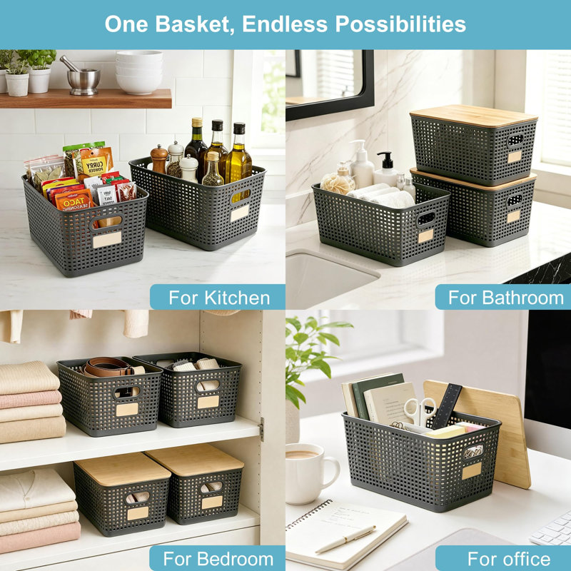 Ensemble de 2 grands paniers de rangement en plastique de 10,8 pte avec couvercles en bambou, contenants de rangement empilables de 12 x 8,3 x 6,1 pouces pour l'organisation à la maison et au bureau