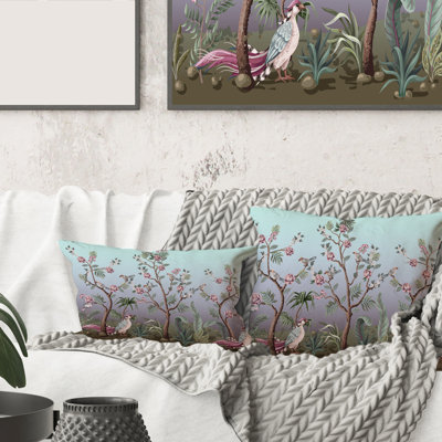 Rectangle, chinoiserie avec oiseaux et pivoines II - coussin décoratif traditionnel