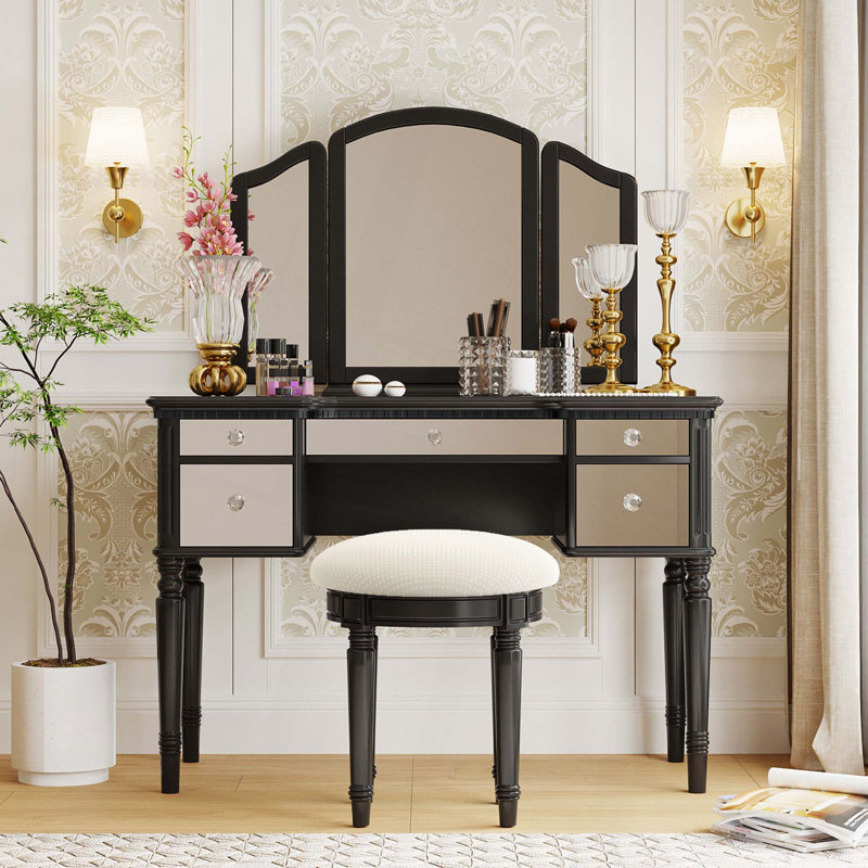 Ensemble de coiffeuse 43 "avec tiroirs en miroir et tabouret, miroir à trois volets, ensemble de coiffeuse de maquillage pour chambre à coucher