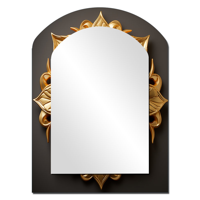 Abstrait doré tournesol glamour II - grand miroir mural arqué sur métal, 34 po x 25 po