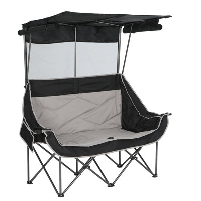 Double Camping Chair with Canopy, Folding Loveseat with Cooler & Cup Holders