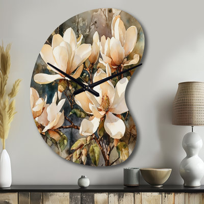 Cream Magnolia Symphony - Magnolias Asymmetrical Metal Clock, Cream Unique Shape Metal Clock Print