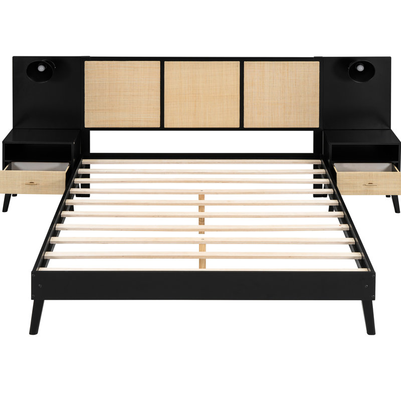Grand cadre de lit en bois massif avec 2 tables de chevet et lampes intégrées, noir, élégant pour un sommeil paisible