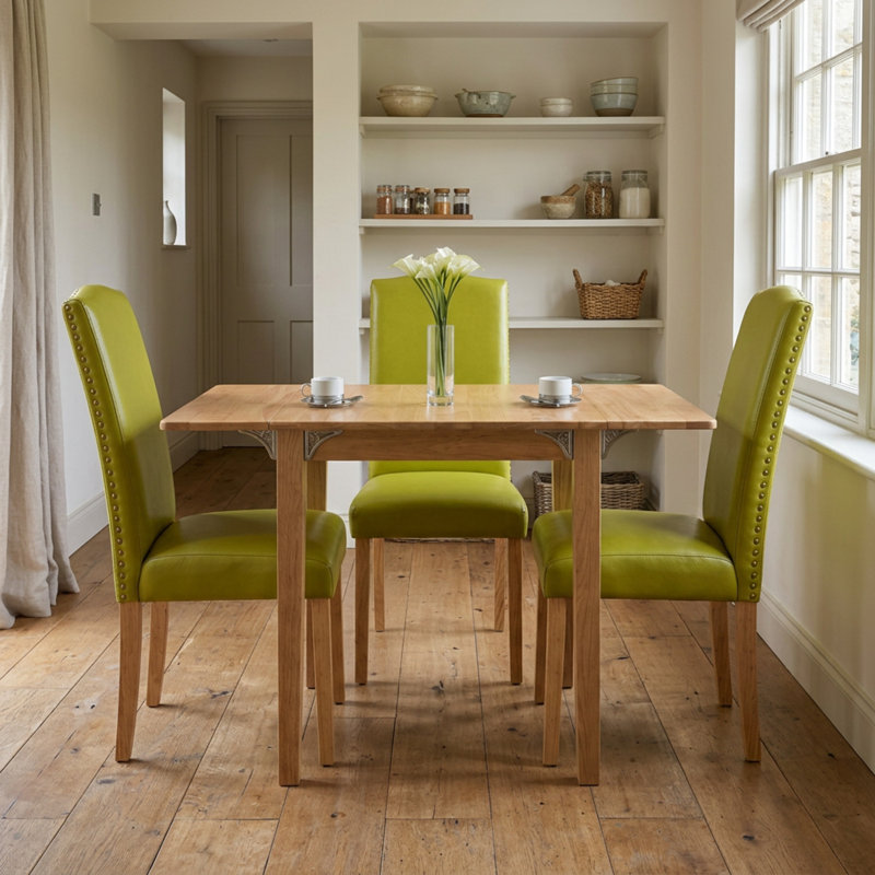 Ensemble de salle à manger 3 pièces en bois massif fini chêne vert automne avec similicuir et rallonges, 2 chaises