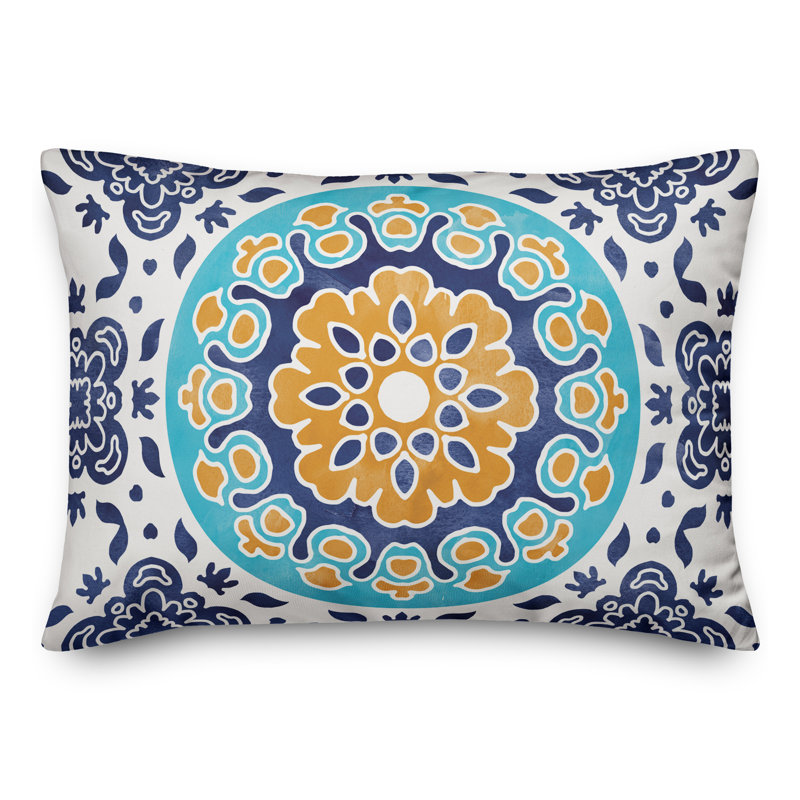 Outdoor Reversible Throw Pillow, Turquoise, Floral 2