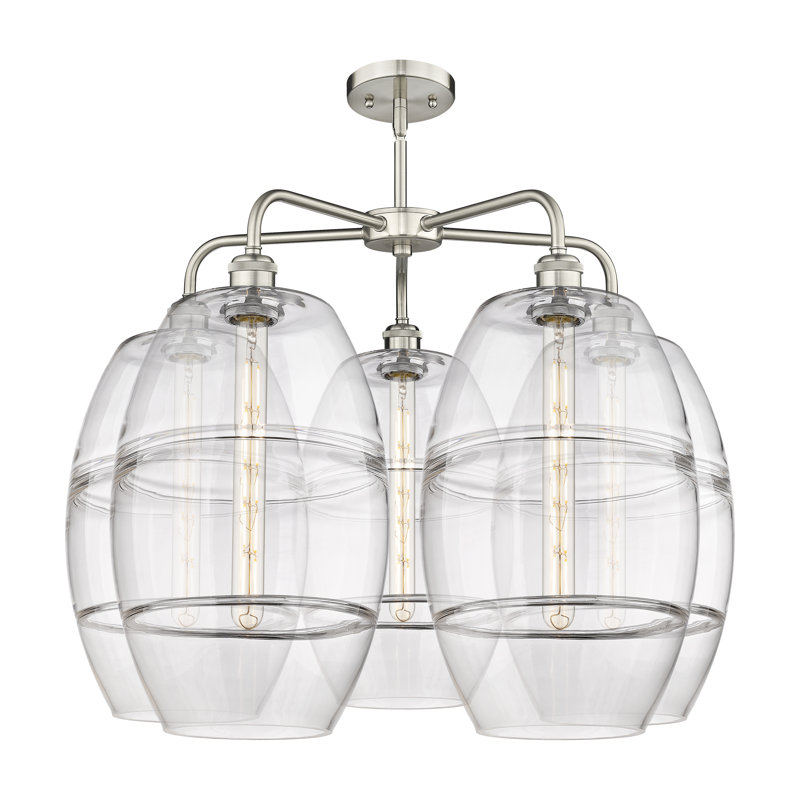 Lustre rond / ovale à abat-jour 5 lumières, Nickel satiné, H 24 po x l 28 po x P 28 po, Transparent