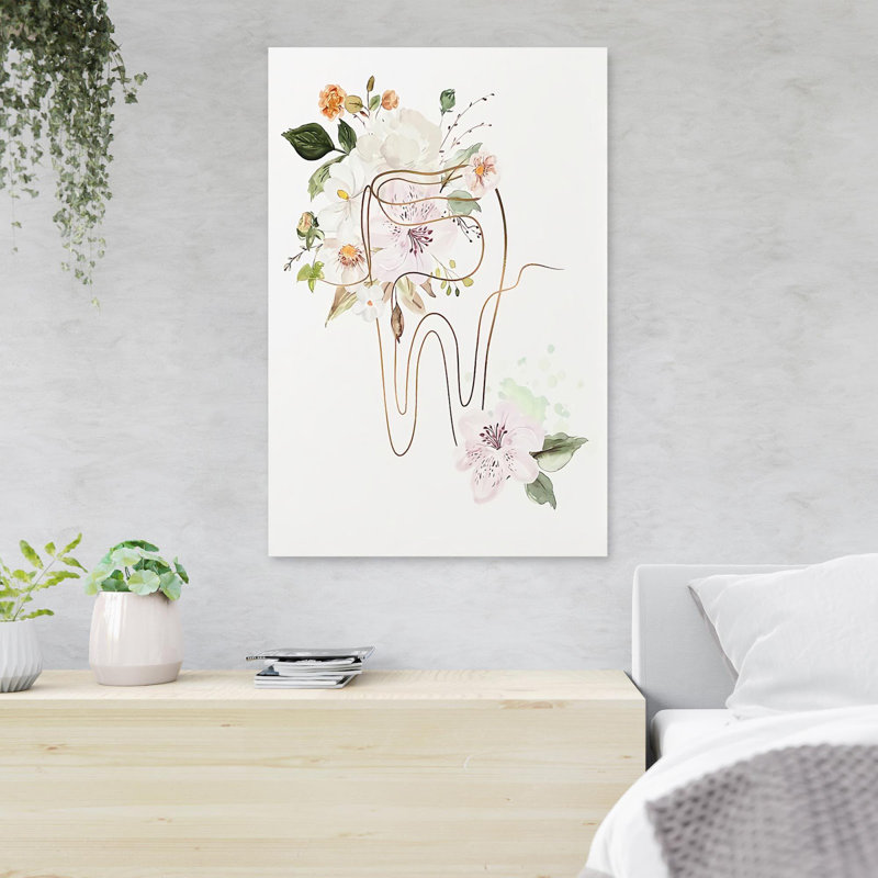 Tooth With Flowers - 1 pièce, reproduction d'art graphique sur toile tendue, H 20 po x l 16 po x P 2 po