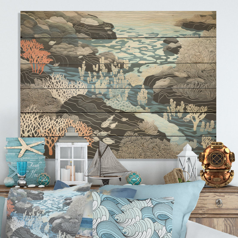 Noir et blanc abstrait rivière de coraux I - corail côtier sous l'eau, art mural sur bois de pin naturel, H 10 po x l 20 po