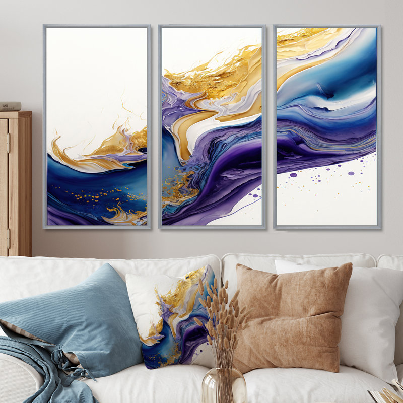 «Diellza Blue, Gold and Purple Splash V», reproduction sur toile 3 pièces, H 28 po x l 36 po, Cadre flottant doré