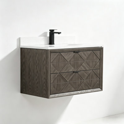 Meuble-lavabo flottant simple en bois massif 36 po avec plateau en marbre