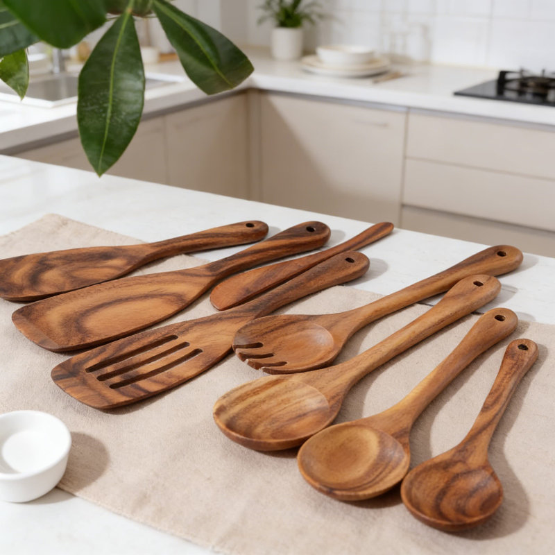 Handmade Teak Wood Cooking Utensils Set, 9-Piece Kitchen Tools With Spoons, Spatula, And Slotted Spoon, Durable And Eco-Friendly For Modern Kitchens