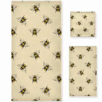 Vintage Bee Bliss Towel Trio: Bath, Hand, Washcloth - Perfect for Bathroom, Hotel, Kitchen, Spa, Beach