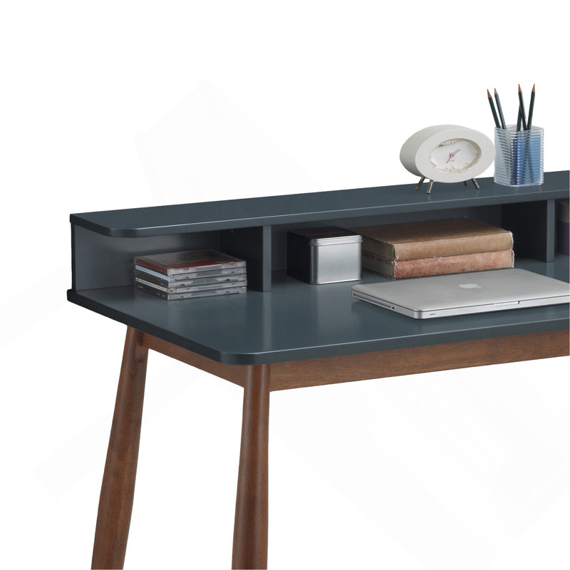 Mid-Century Modern Wood Writing Desk With Hutch, Grey