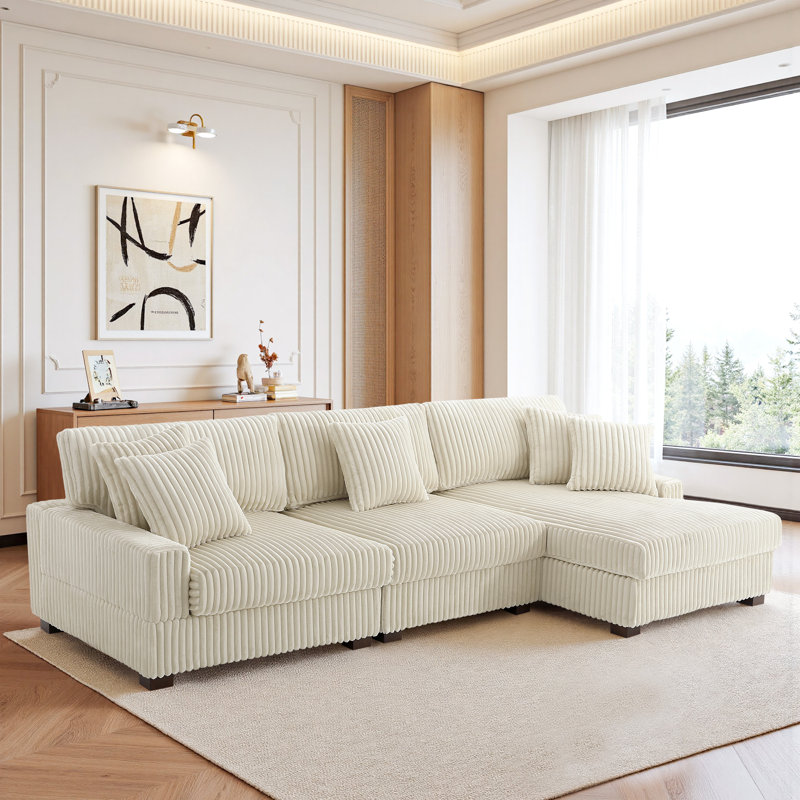 3 Seater Sectional, White Polyester/Foam Padding
