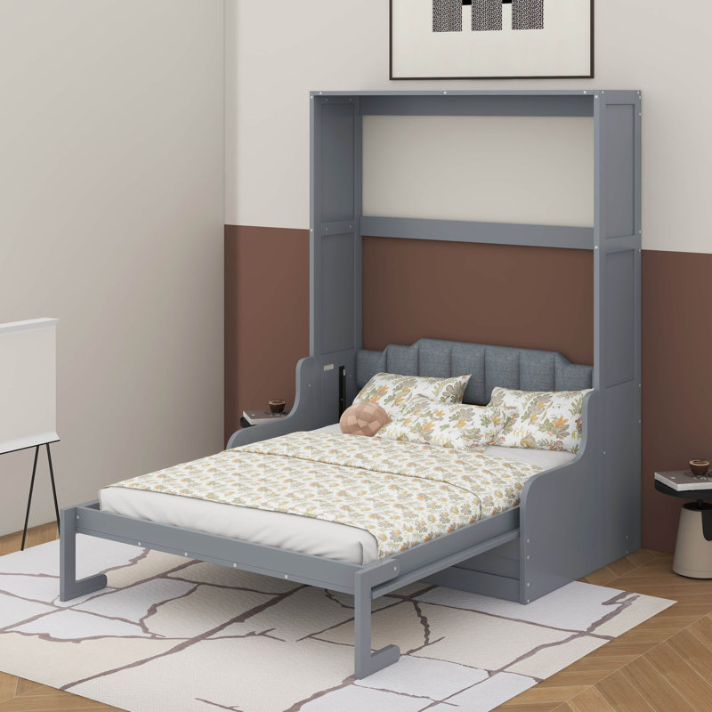 Grand lit escamotable mural avec coussin, Gris, Grand lit