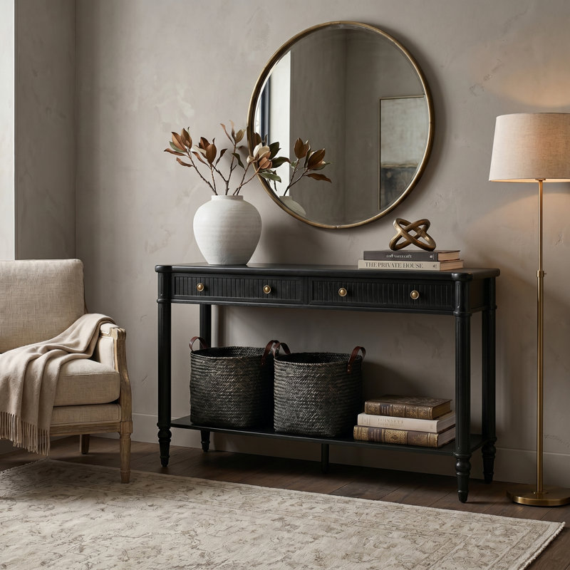 Kaybri Derk 47" Transitional Fluted Console Table with 2 Storage Drawer and Simple Assembly, Black