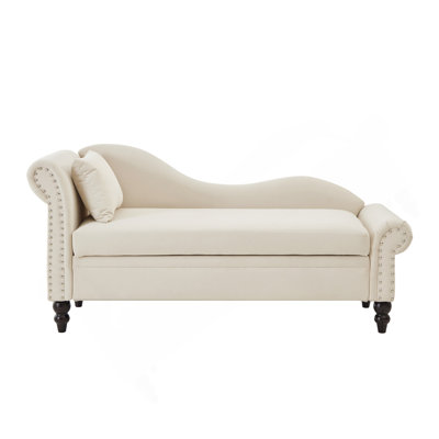 64.5'' Modern Velvet Chaise Lounge,Lounge Sofa with Storage for Bedroom, Living Room and Office , Lounge Chair with Left Armrest & Lumbar Pillow,Round Armrest with Silver Nails Decoration,Beige