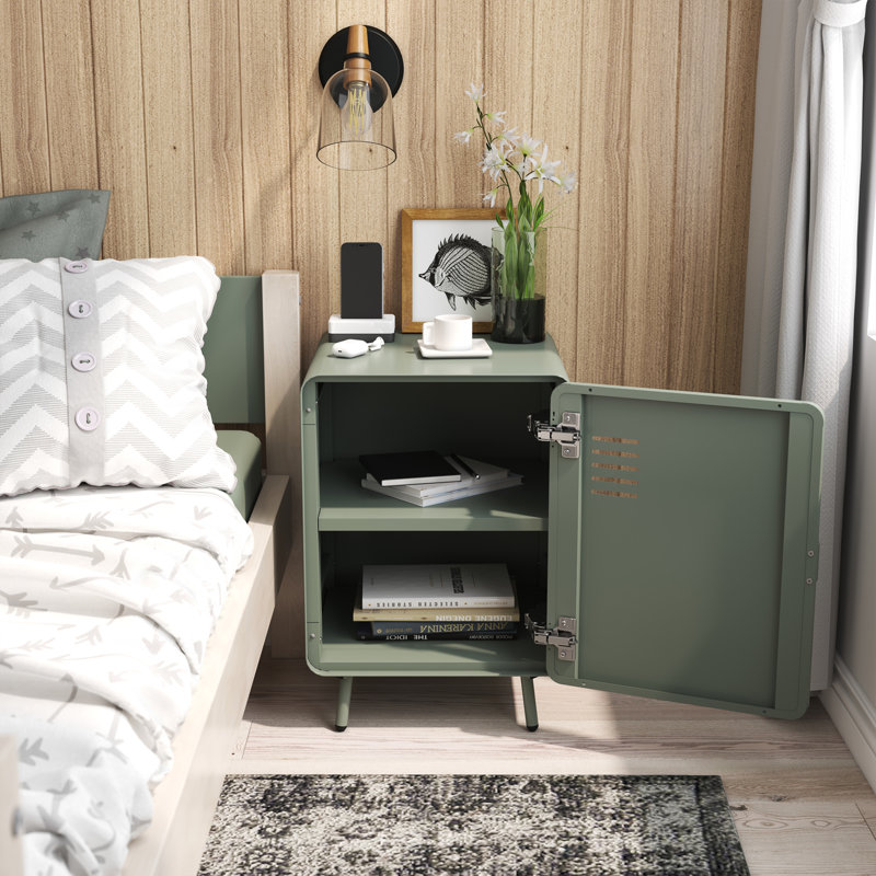 22.44" H Modern Metal Nightstand with Storage Shelves Industrial for Bedroom Living Room or Office, Sage Gray