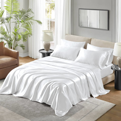 Ensemble de draps en satin blanc de luxe pour lit simple (4 pièces) - Infroissable, doux pour la peau et les cheveux, convient aux matelas de 40 cm d'épaisseur, comprend un drap plat et des taies d'oreiller. Dompte les frisottis pour un sommeil réparateur et paisible.