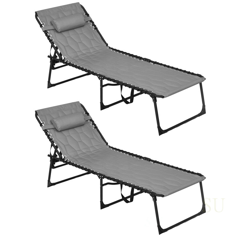 Ensemble de chaise longue pliante avec dossier inclinable à 5 niveaux, siège rembourré, poche latérale et appui-tête pour une détente ultime en plein air
