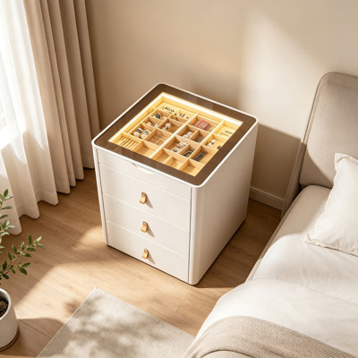 Vitrine à bijoux moderne avec plateau en verre, plusieurs tiroirs et poignées dissimulées, meuble de rangement autoportant pour chambre à coucher et pied de lit